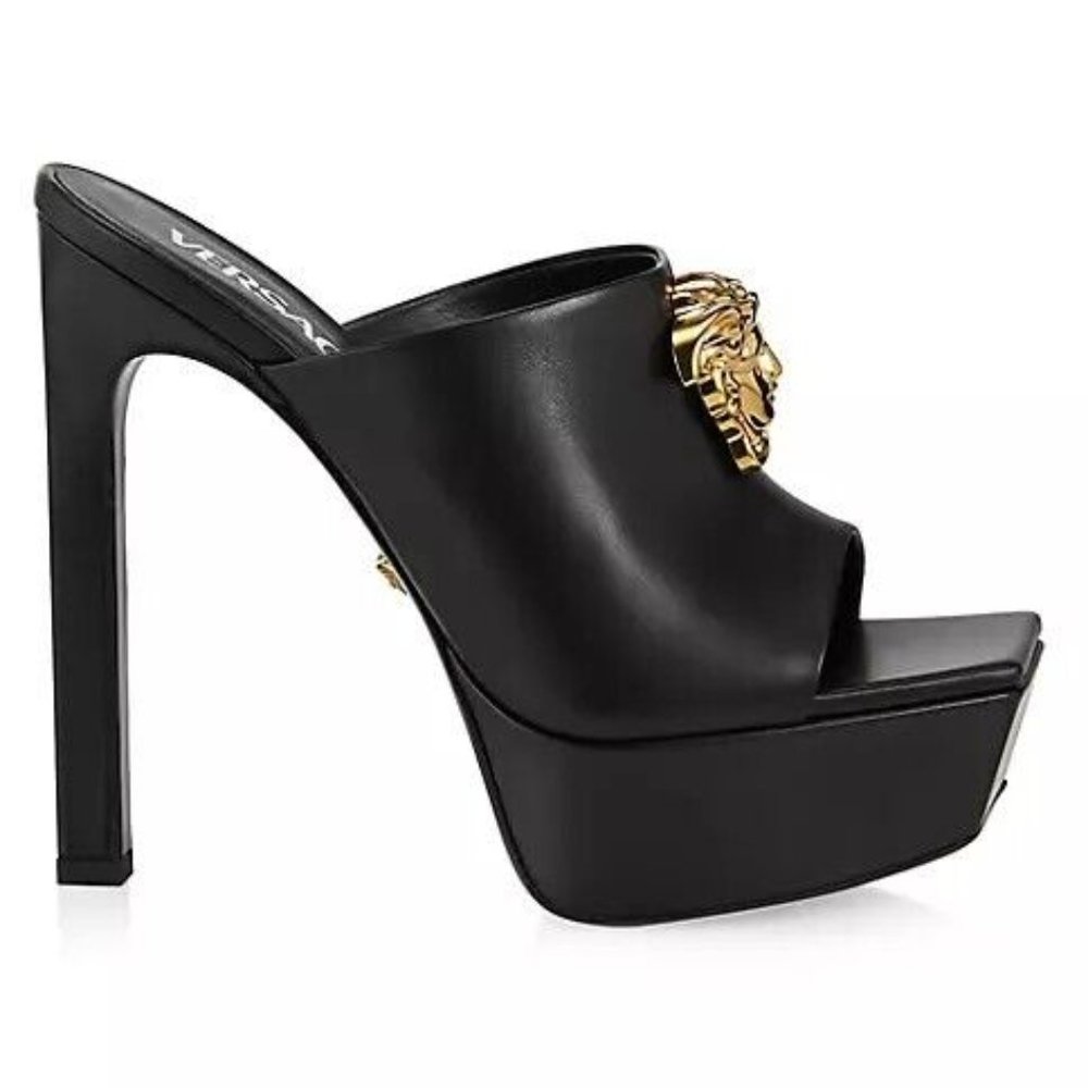 Versace La Medusa Gold 140MM Leather Platform Mules/Sandal Black Size 38/5 - Picture 2 of 16